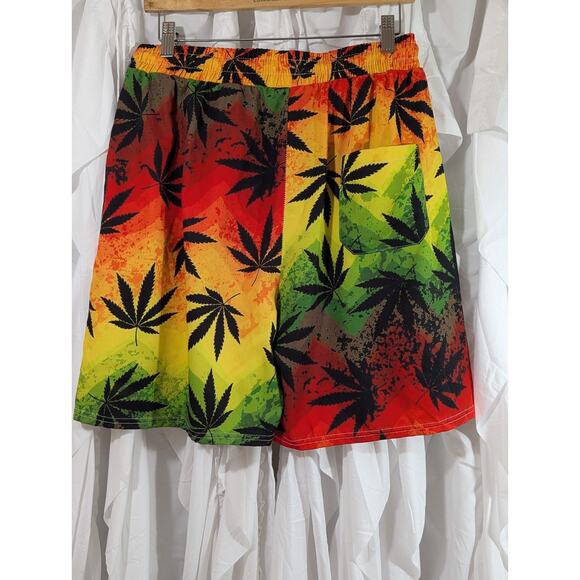 Red, Yellow, Green Ombre Size Small w/Marijuana Leaf Rasta Elastic Waist Shorts - Picture 2 of 4